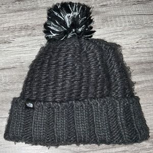 Used Grey Knitted North Face Beanie with Black & White Pom Pom